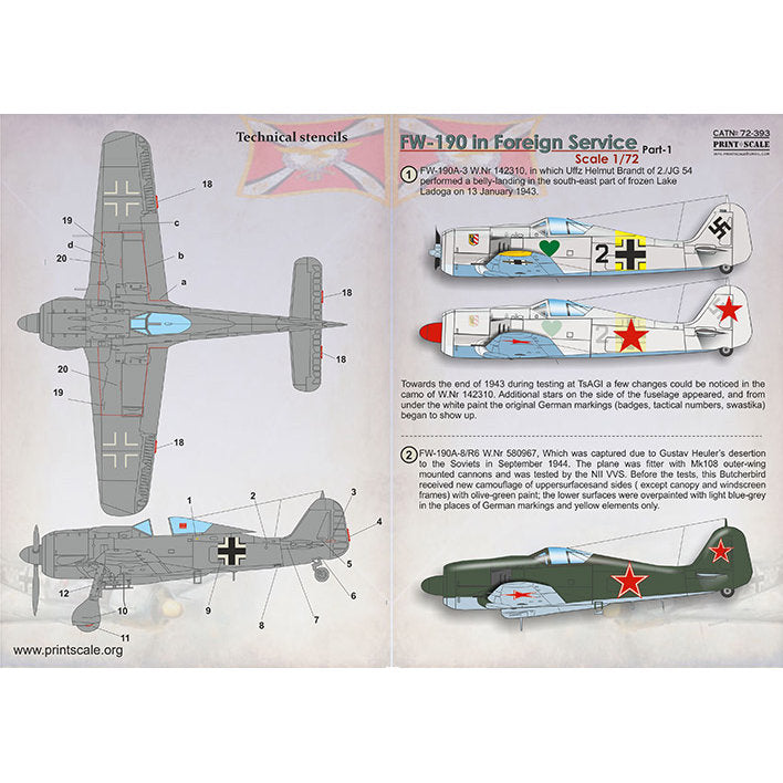 Print Scale 72-393 Decal FW-190 in Foreign Service Part 1 Scale 1:72 for Aircraft Plastic model kit