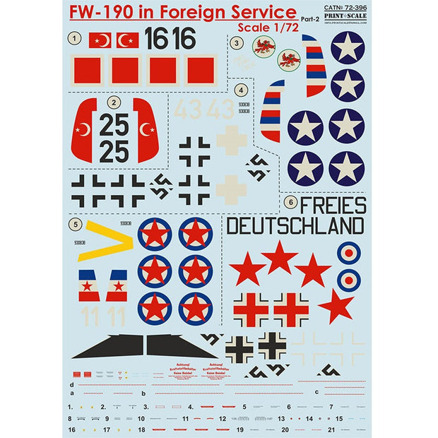 Print Scale 72-396 Decal FW-190 in Foreign Service Part 2 Scale 1:72 for Aircraft Plastic model kit