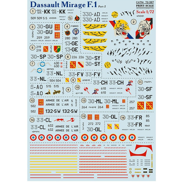 Print Scale 72-397 Decal Dassault Mirage F.1 Part-2 Scale 1:72 for Aircraft Plastic model kit