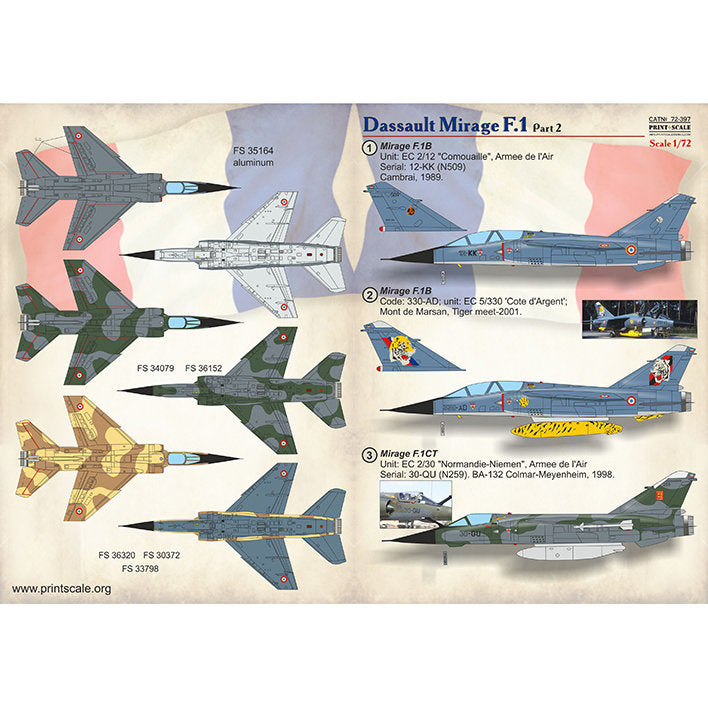 Print Scale 72-397 Decal Dassault Mirage F.1 Part-2 Scale 1:72 for Aircraft Plastic model kit