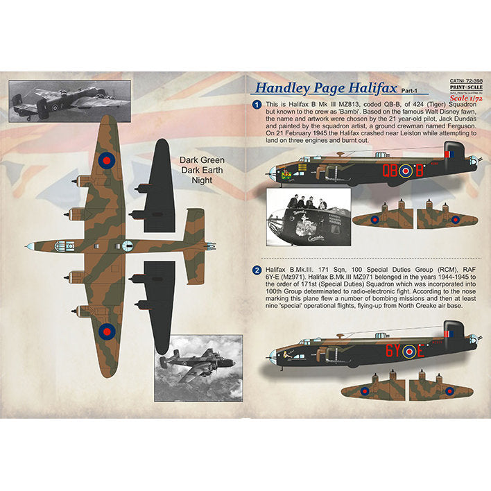Print Scale 72-398 Decal Handley Page Halifax Part 1 Scale 1:72 for Aircraft Plastic model kit
