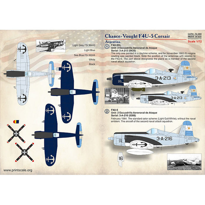 Print Scale 72-399 Decal Chance-Vought F4U Corsair. Argentina Scale 1:72 for Aircraft Plastic model kit