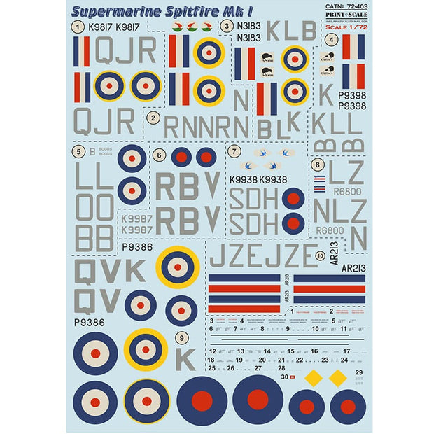 Print Scale 72-403 Decal Supermarin Spitfire Mk. 1 Scale 1:72 for Aircraft Plastic model kit