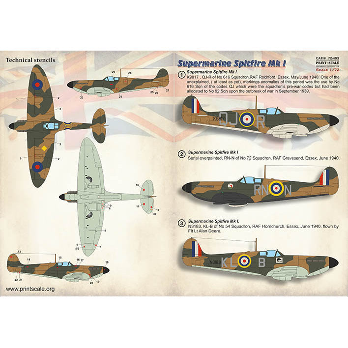 Print Scale 72-403 Decal Supermarin Spitfire Mk. 1 Scale 1:72 for Aircraft Plastic model kit