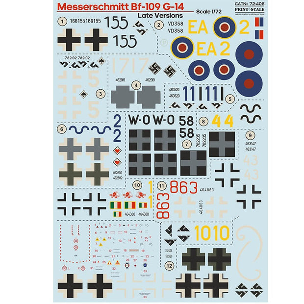 Print Scale 72-406 Decal Messerschmitt Bf-109 G-14 Late. Scale 1:72 for Aircraft Plastic model kit