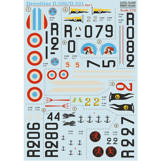 Print Scale 72-408 Decal Dewoitine D.500/D.501 Part 1 Scale 1:72 for Aircraft Plastic model kit