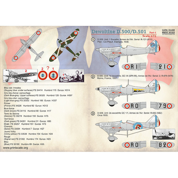 Print Scale 72-408 Decal Dewoitine D.500/D.501 Part 1 Scale 1:72 for Aircraft Plastic model kit