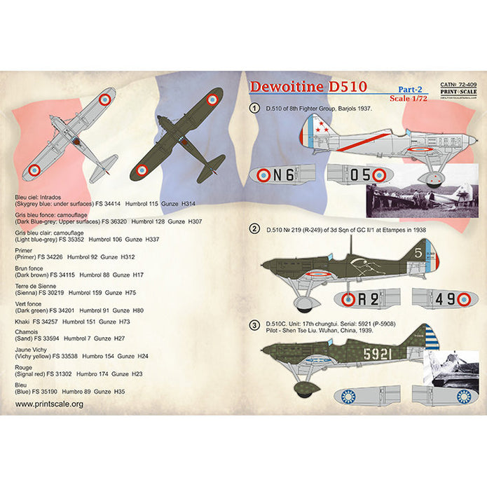 Print Scale 72-409 Decal Dewoitine D.510. Part 2 Scale 1:72 for Aircraft Plastic model kit