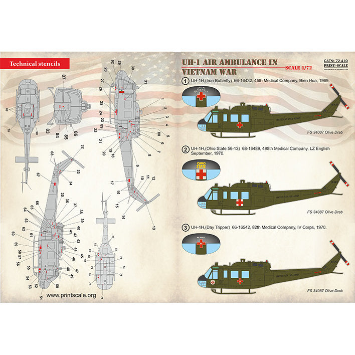 Print Scale 72-410 Decal UH-1 Air Ambulance in Vietnam War Scale 1:72 for Helicopter Plastic model kit