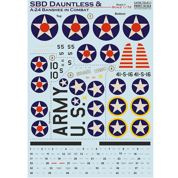 Print Scale 72-411 Decal SBD Dauntless & A-24 Banshee in combat Part-1 Scale 1:72 for Aircraft Plastic model kit