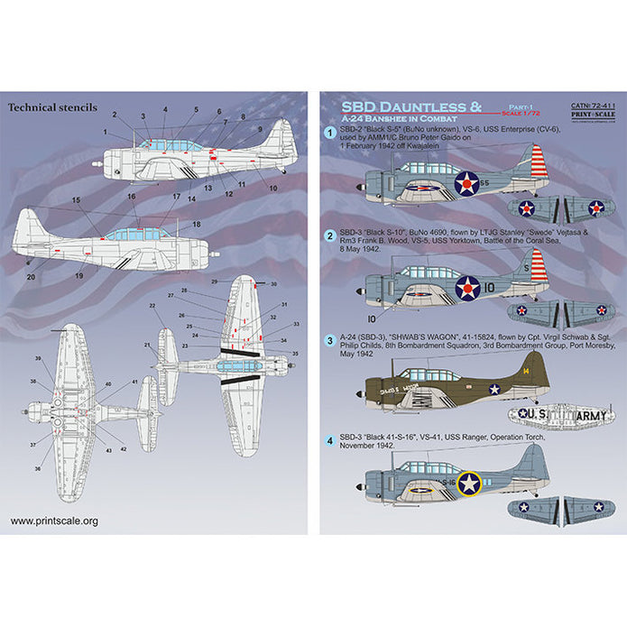 Print Scale 72-411 Decal SBD Dauntless & A-24 Banshee in combat Part-1 Scale 1:72 for Aircraft Plastic model kit