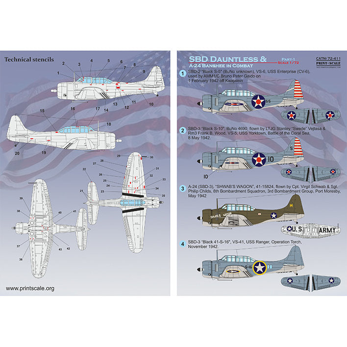 Print Scale 72-411 Decal SBD Dauntless & A-24 Banshee in combat Part-1 Scale 1:72 for Aircraft Plastic model kit
