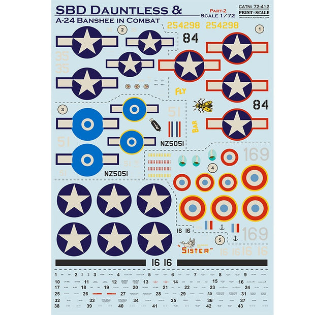 Print Scale 72-412 Decal SBD Dauntless & A-24 Banshee in combat Part 2 Scale 1:72 for Aircraft Plastic model kit