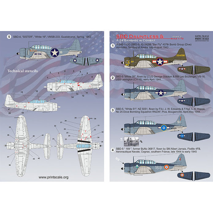Print Scale 72-412 Decal SBD Dauntless & A-24 Banshee in combat Part 2 Scale 1:72 for Aircraft Plastic model kit