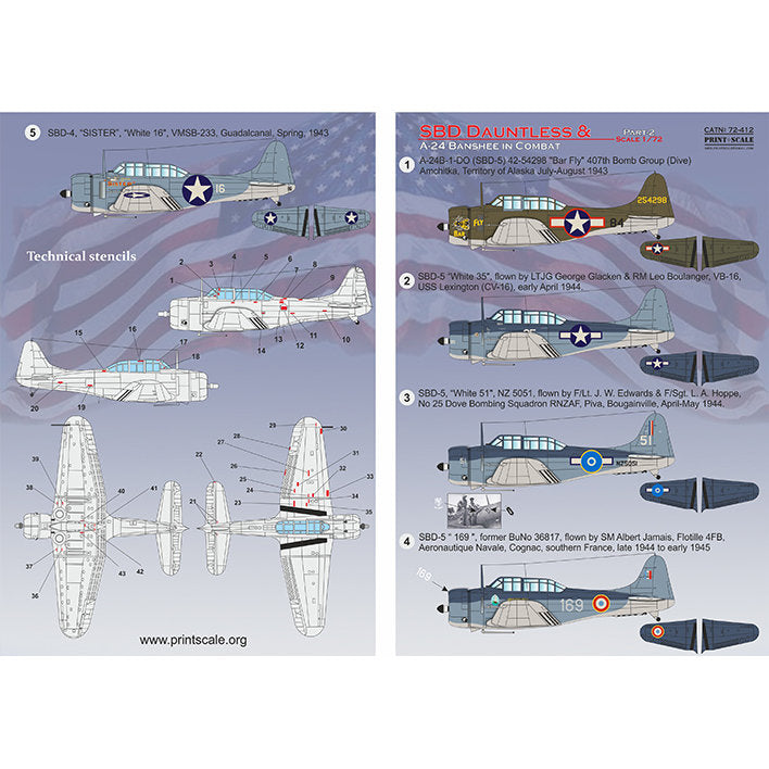 Print Scale 72-412 Decal SBD Dauntless & A-24 Banshee in combat Part 2 Scale 1:72 for Aircraft Plastic model kit
