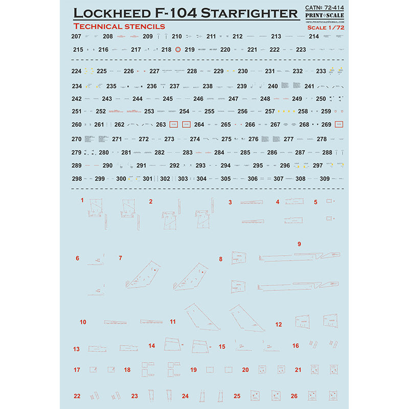 Print Scale 72-414 Decal 1:72 Lockheed F-104 Starfigter technical stencils, The complete set 2 leaf
