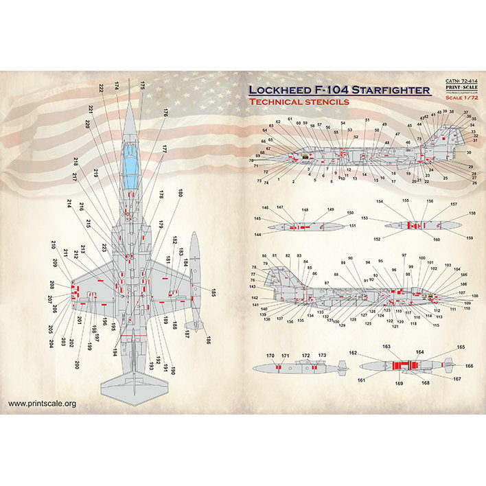 Print Scale 72-414 Decal 1:72 Lockheed F-104 Starfigter technical stencils, The complete set 2 leaf