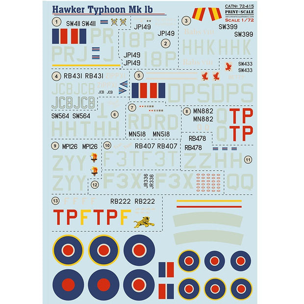 Print Scale 72-415 Decal Hawker Tyhoon Mk.Ib The complete set 2 leaf Scale 1:72 for Aircraft Plastic model kit