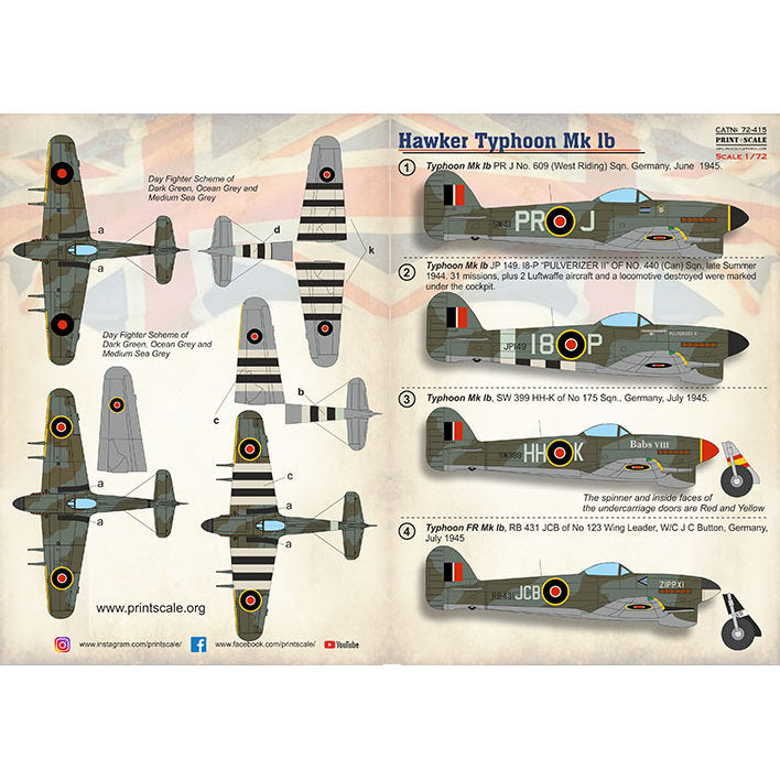 Print Scale 72-415 Decal Hawker Tyhoon Mk.Ib The complete set 2 leaf Scale 1:72 for Aircraft Plastic model kit
