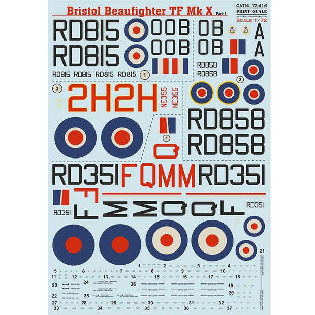 Print Scale 72-416 Decal Bristol Beaufighter Mk.X Part 1 Scale 1:72 for Aircraft Plastic model kit