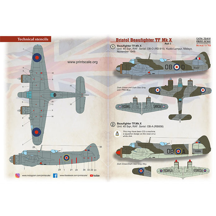 Print Scale 72-416 Decal Bristol Beaufighter Mk.X Part 1 Scale 1:72 for Aircraft Plastic model kit