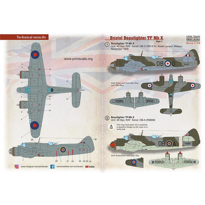 Print Scale 72-416 Decal Bristol Beaufighter Mk.X Part 1 Scale 1:72 for Aircraft Plastic model kit