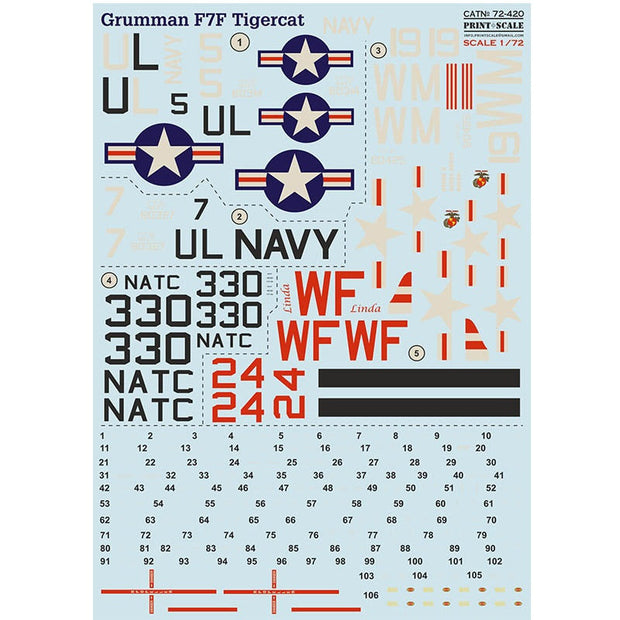 Print Scale 72-420 Decal Grumman F7F Tigercat Scale 1:72 for Aircraft Plastic model kit