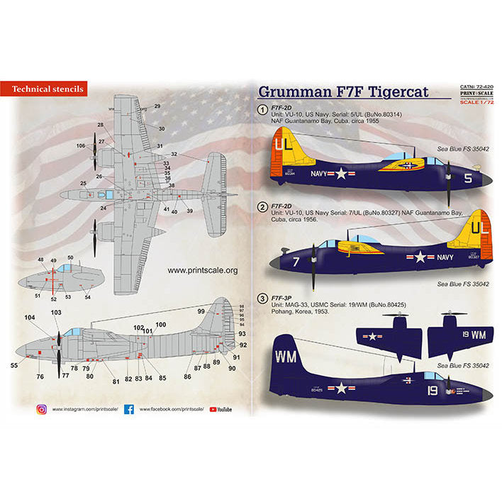 Print Scale 72-420 Decal Grumman F7F Tigercat Scale 1:72 for Aircraft Plastic model kit
