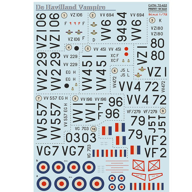 Print Scale 72-422 Decal De Havilland FB Vampire Scale 1:72 for Aircraft Plastic model kit