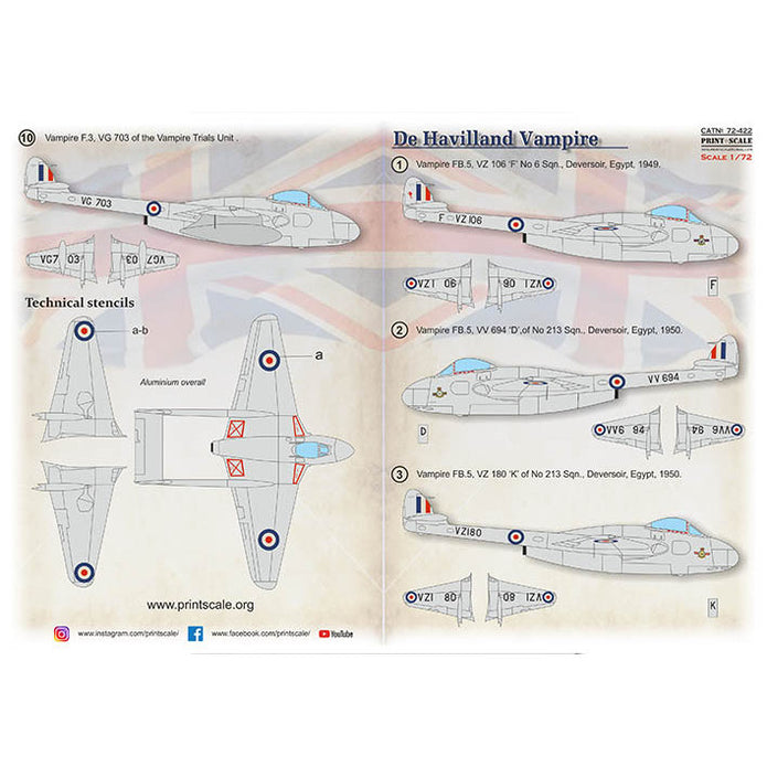 Print Scale 72-422 Decal De Havilland FB Vampire Scale 1:72 for Aircraft Plastic model kit
