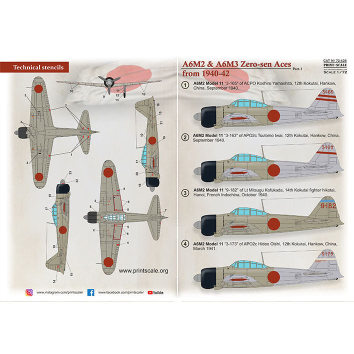 Print Scale 72-426 Decal A6M2 Zero-Sen Aces Part 1 Scale 1:72 for Aircraft Plastic model kit