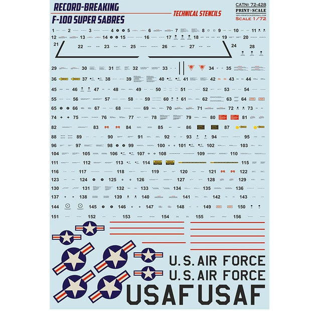 Print Scale 72-428 Decal F-100 Super Sabre. Technical stencils Scale 1:72 for Aircraft Plastic model kit