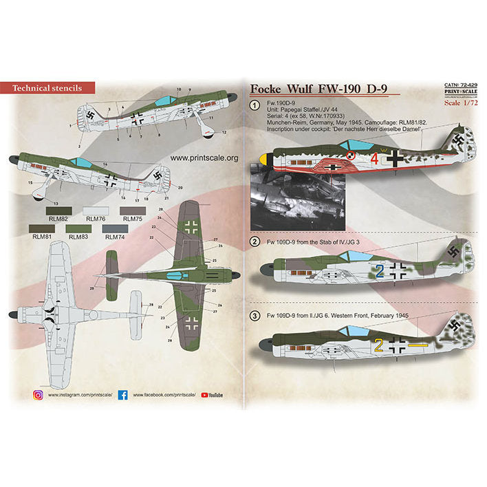 Print Scale 72-429 Decal FW-190 D-9 Part 1  Scale 1:72 for Aircraft Plastic model kit
