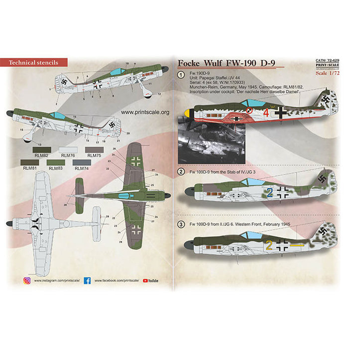Print Scale 72-429 Decal FW-190 D-9 Part 1  Scale 1:72 for Aircraft Plastic model kit