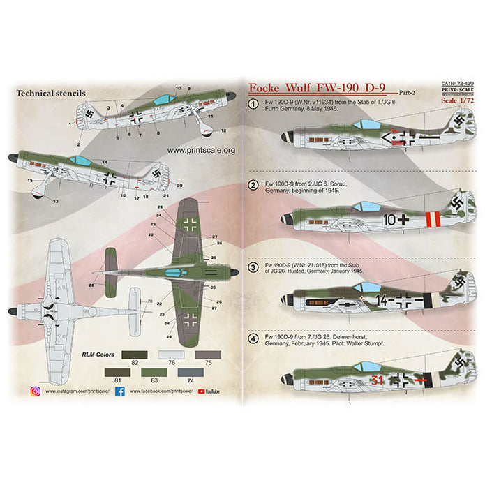 Print Scale 72-430 Decal FW-190 D-9 Part 2 Scale 1:72 for Aircraft Plastic model kit