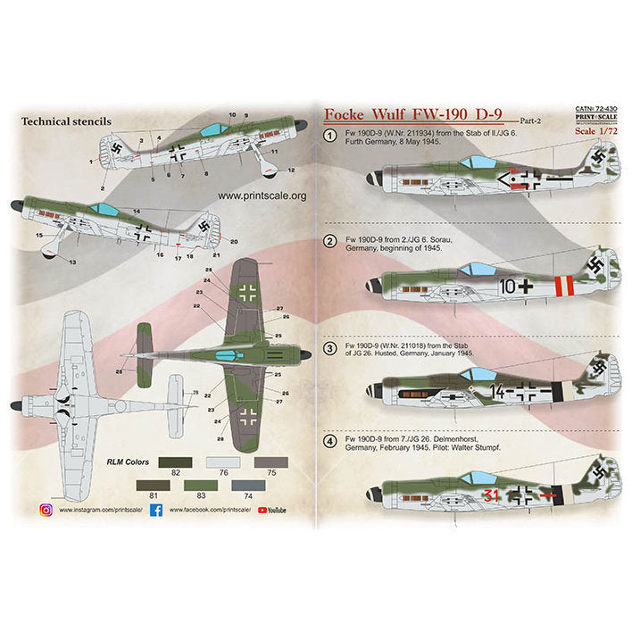Print Scale 72-430 Decal FW-190 D-9 Part 2 Scale 1:72 for Aircraft Plastic model kit