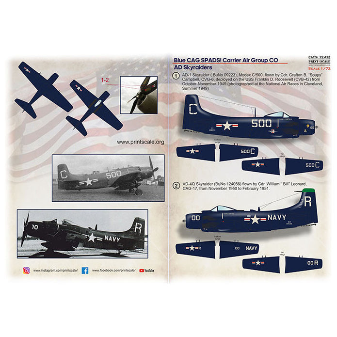 Print Scale 72-432 Decal 1:72 Blue CAG SPADS. Carrier Air Group CO AD Skyraiders
