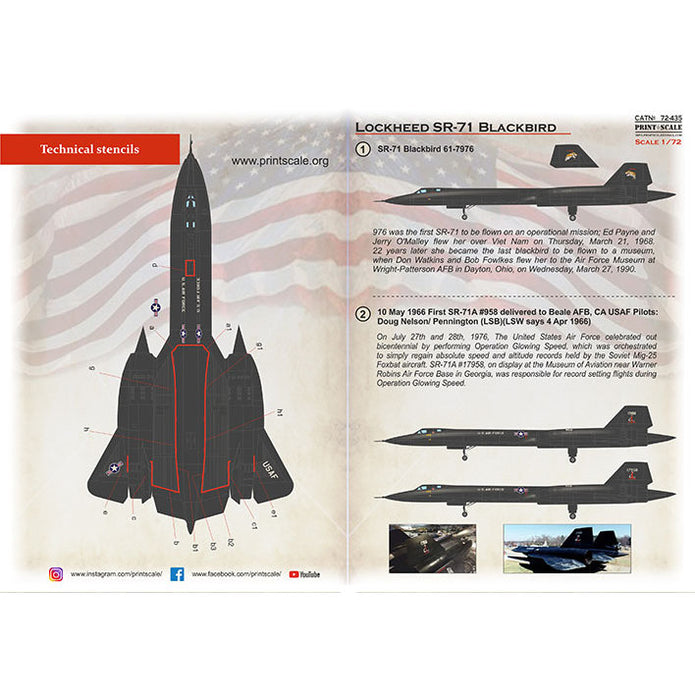 Print Scale 72-435 Decal Lockheed SR-71 Part 1 The complete set 1.5 leaf Scale 1:72 for Aircraft Plastic model kit
