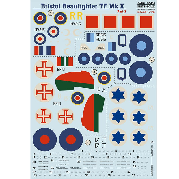 Print Scale 72-436 Decal Bristol Beaufighter Mk.X Part 2 Scale 1:72 for Aircraft Plastic model kit