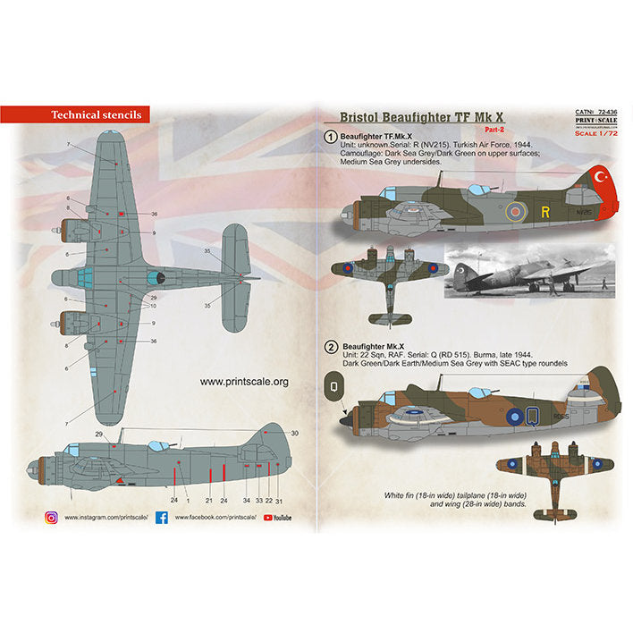 Print Scale 72-436 Decal Bristol Beaufighter Mk.X Part 2 Scale 1:72 for Aircraft Plastic model kit