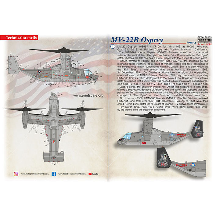 Print Scale 72-439 Decal MV-22B Osprey Part-2  Scale 1:72 for Helicopter Plastic model kit