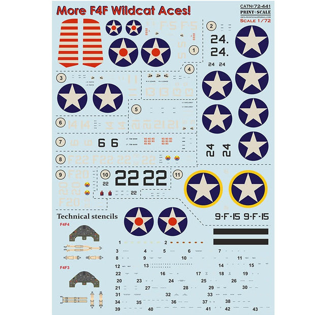 Print Scale 72-441 Decal F4F Wildcat Aces (with 3D instrumental panel)  Scale 1:72 for Aircraft Plastic model kit