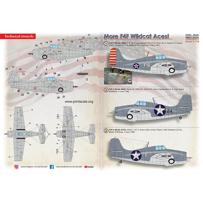 Print Scale 72-441 Decal F4F Wildcat Aces (with 3D instrumental panel)  Scale 1:72 for Aircraft Plastic model kit