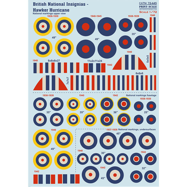 Print Scale 72-445 Decal 1:72 British National Insignia. Hawker Hurricane The complete set 1.5 leaf