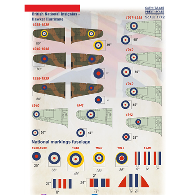 Print Scale 72-445 Decal 1:72 British National Insignia. Hawker Hurricane The complete set 1.5 leaf