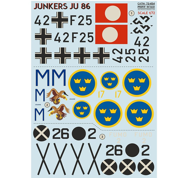 Print Scale 72-454 Decal Junkers JU 86 Scale 1:72 for Aircraft Plastic model kit