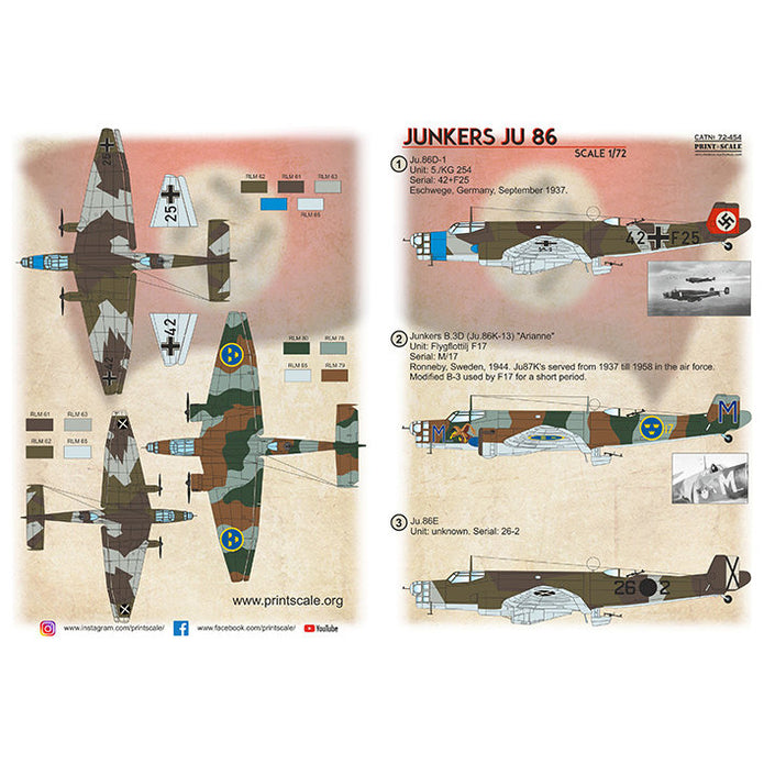 Print Scale 72-454 Decal Junkers JU 86 Scale 1:72 for Aircraft Plastic model kit