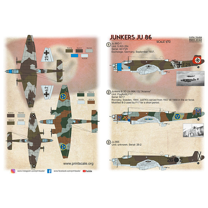 Print Scale 72-454 Decal Junkers JU 86 Scale 1:72 for Aircraft Plastic model kit