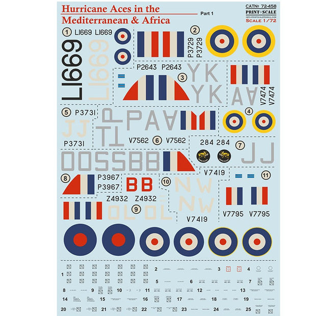 Print Scale 72-458 Decal Hurricane Top Pilots in the Mediterranean & Africa. Part 1 Scale 1:72