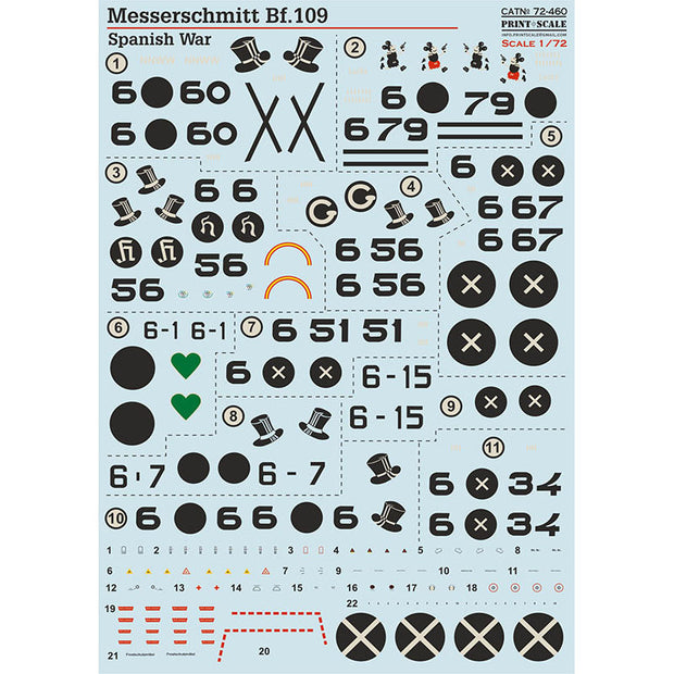 Print Scale 72-460 Decal Messerschmitt Bf 109. Spanish War Scale 1:72 for Aircraft Plastic model kit
